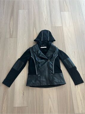 blanc noir Black Mixed-Material Hooded Moto Jacket. Size L